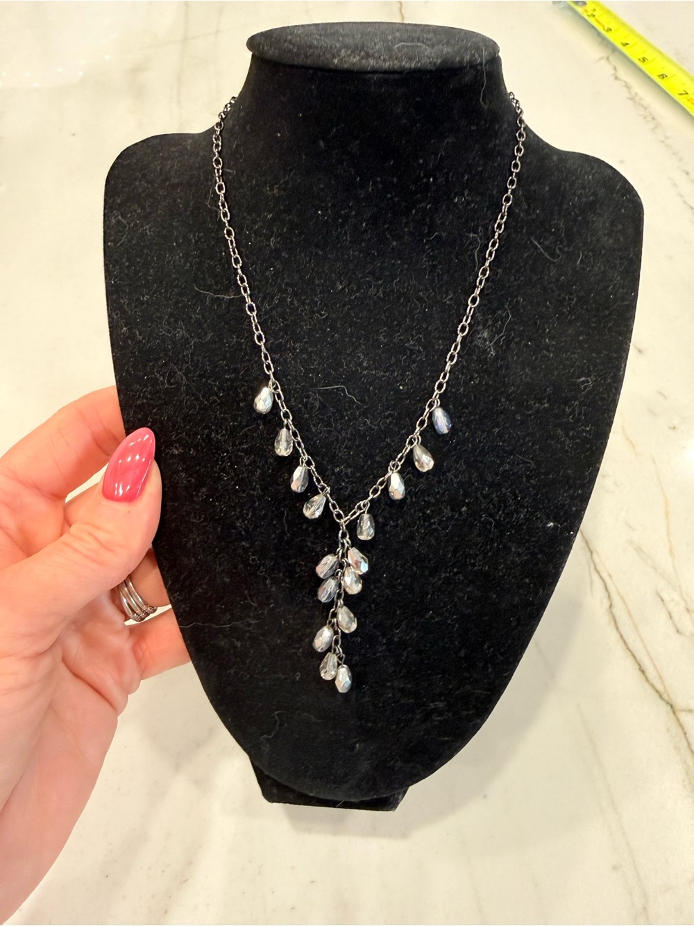 Silver Teardrop Dangle Necklace - Clear Crystal Accent